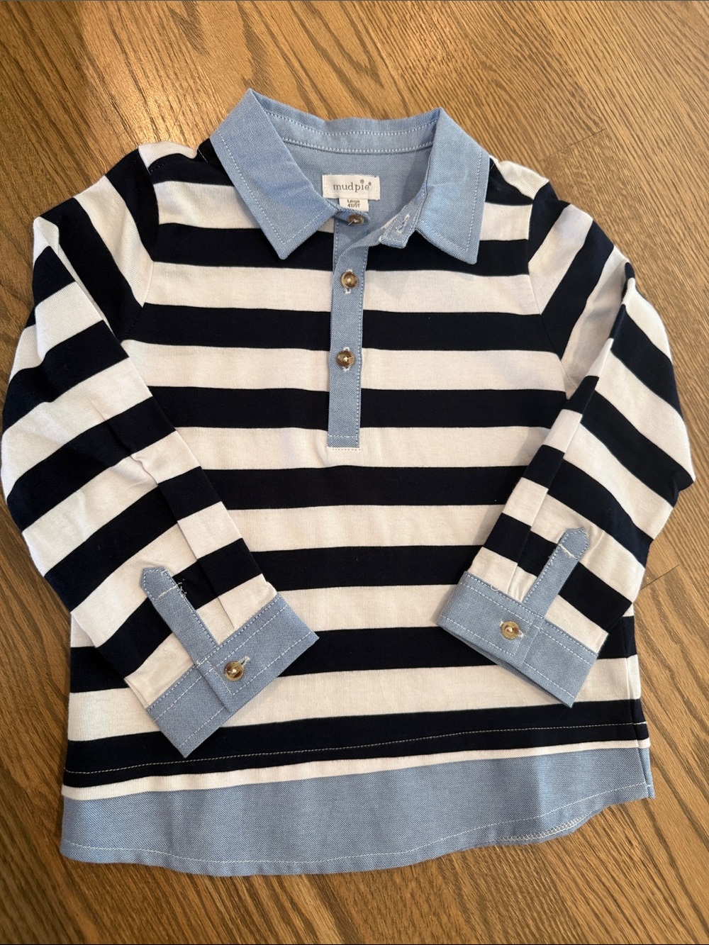 Mud Pie Navy & White Striped Long Sleeve Polo with Chambray Trim Boys 4T/5T